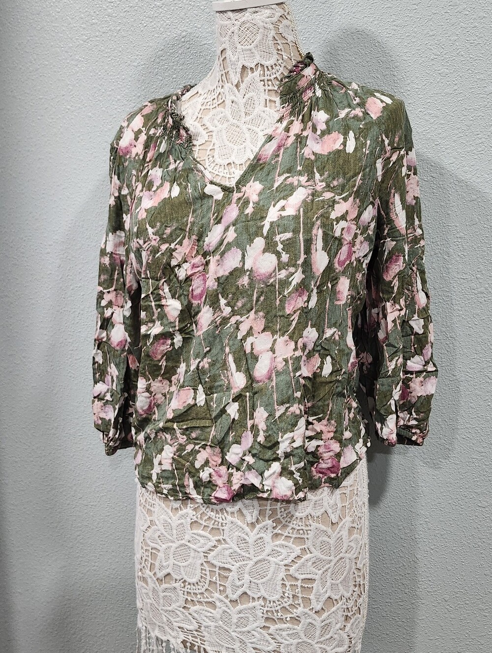 Caslon Olive Green Blouse with Pink Floral Print 100% Rayon Size M